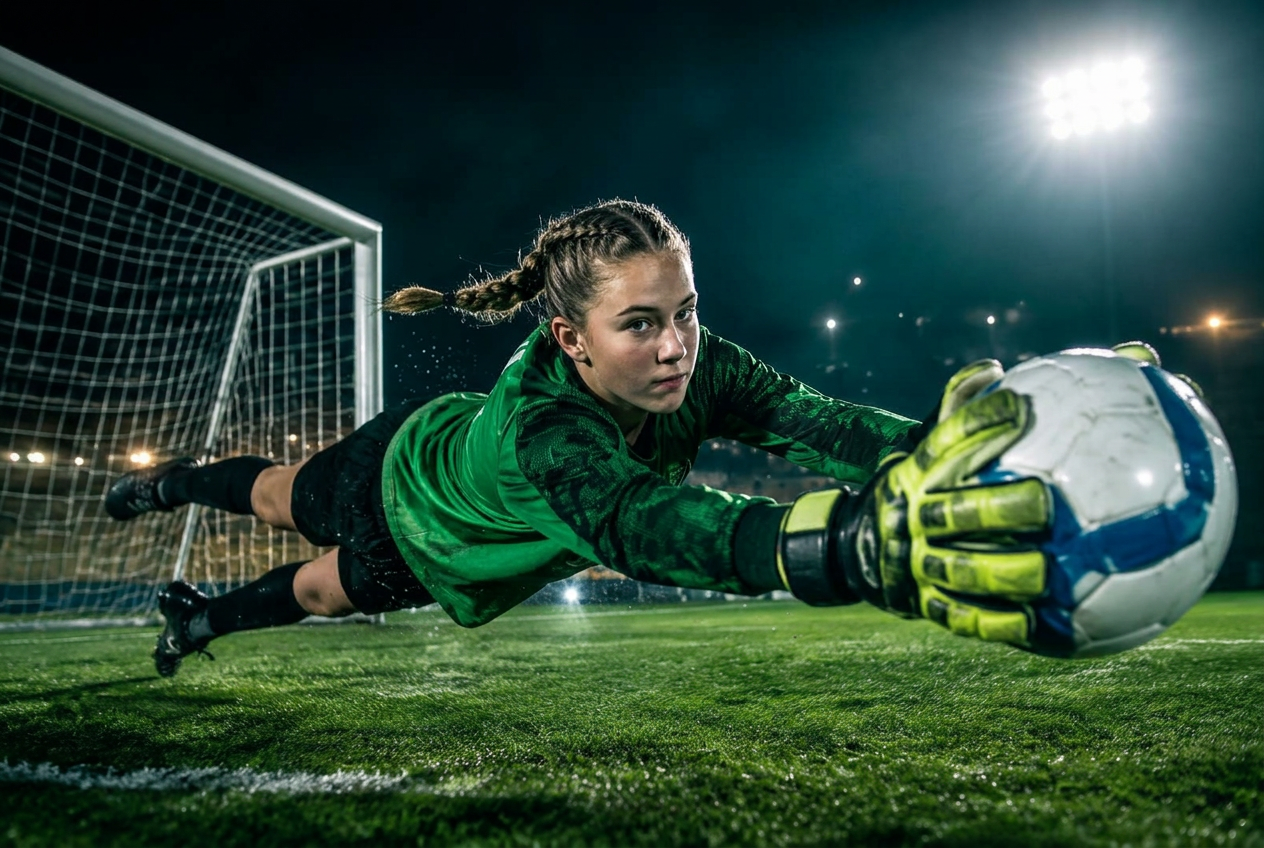 Youth goalkeeper diving to make a save
